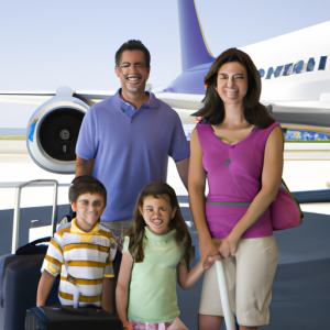 A family with kids preparing to board a plane, smiling.