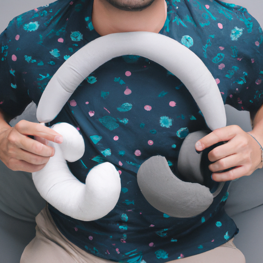 A traveler packing accessories like neck pillows and headphones.