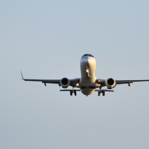 A budget airline airplane taking off.