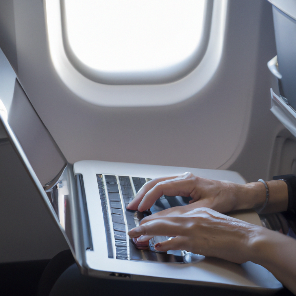 A passenger using in-flight Wi-Fi on their laptop.