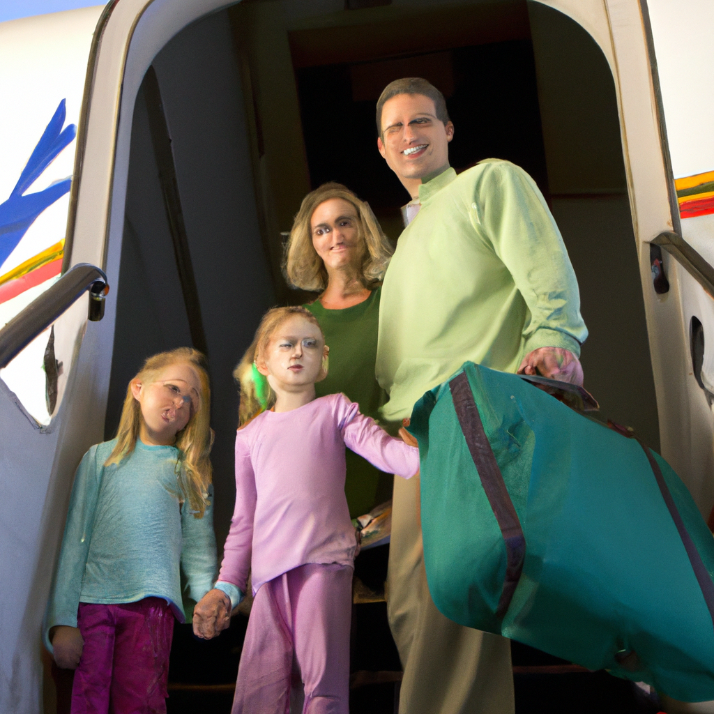 A family boarding an airplane with children holding travel bags.