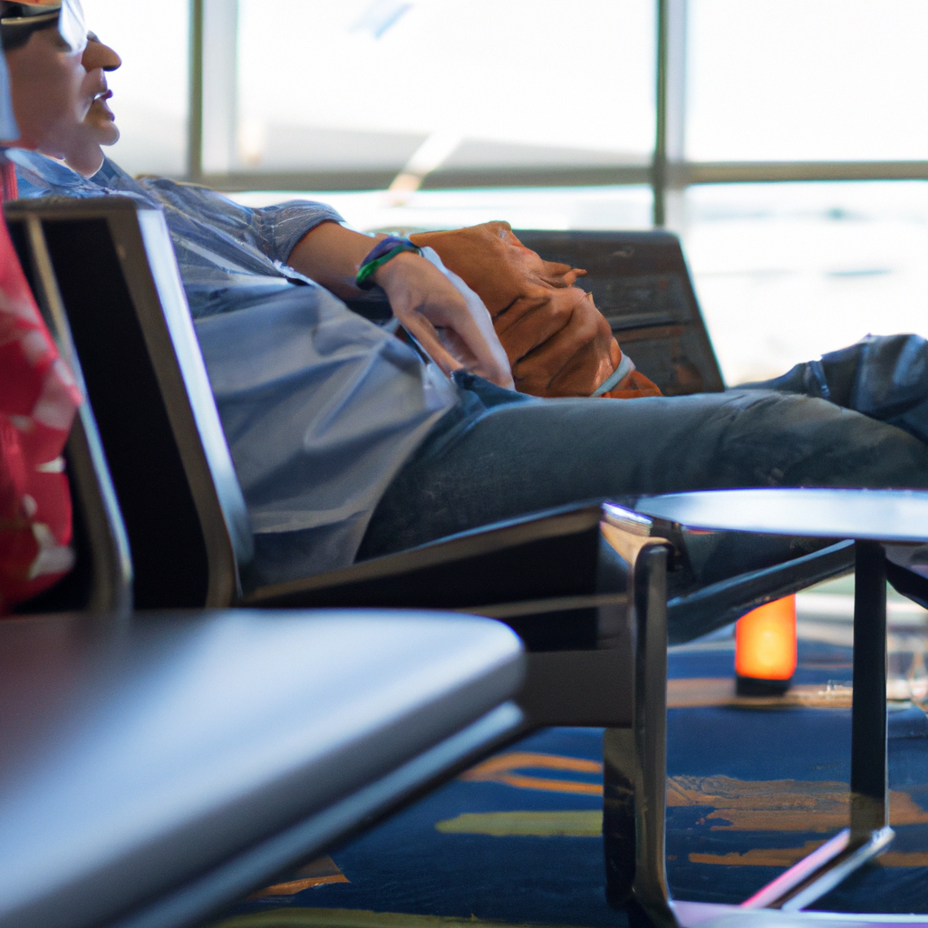 A traveler relaxing in an airport lounge.