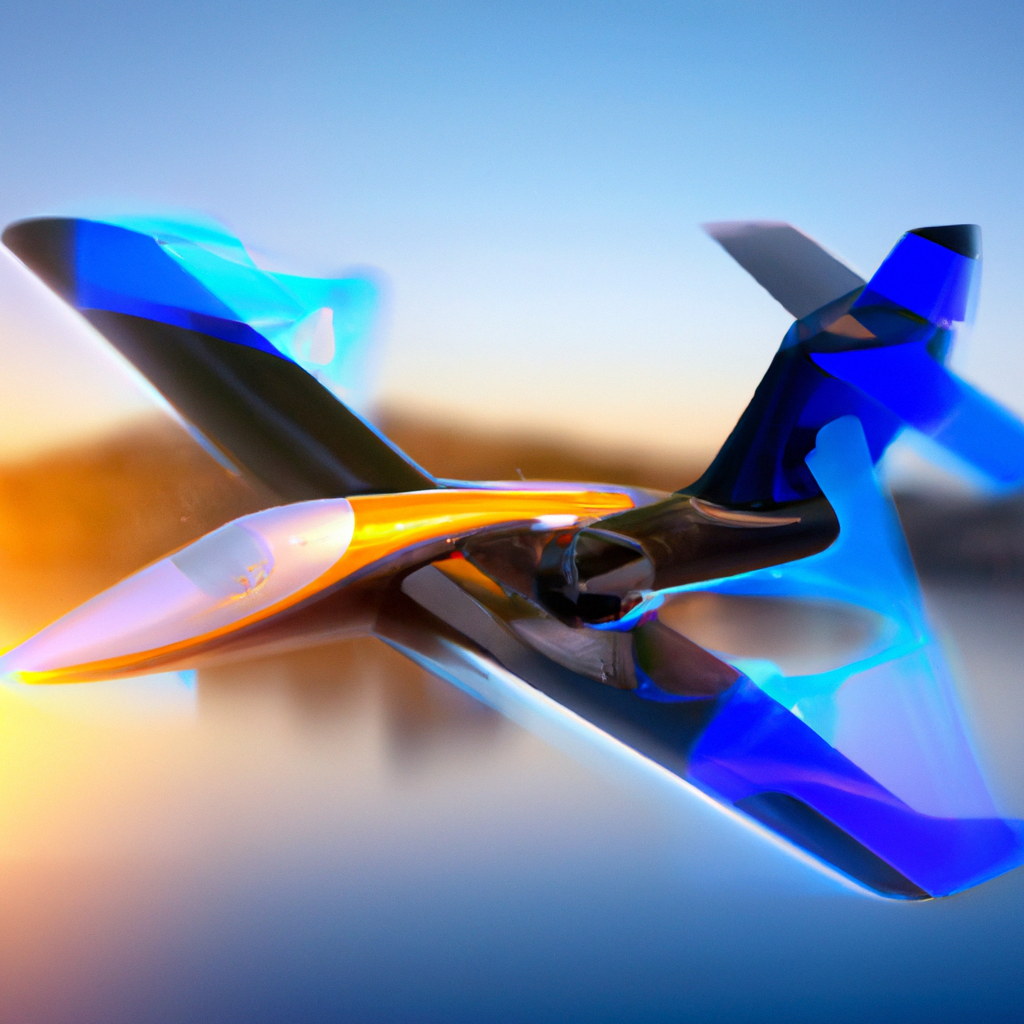 A futuristic airplane showing sustainable aviation technologies.